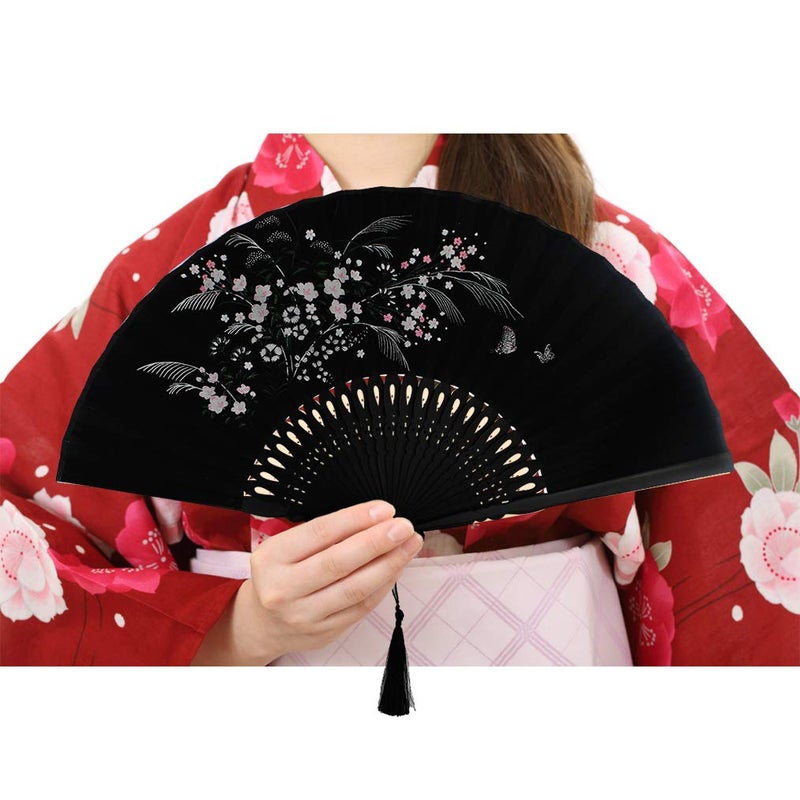 Wobe Black Linen Fabric Folding Hand Fan Grassflowers Bamboo Hand Held Fan with a Fabric Sleeve Handheld for Protection Birthday Gifts - Womens Chinese/Japanese Vintage Home Decorations - Image 5